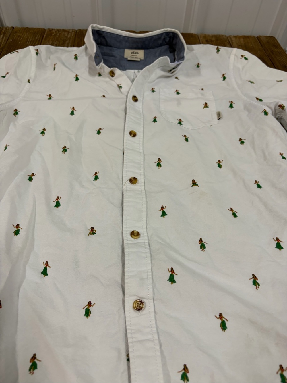 Vans White Button-Down Shirt with Green Hula Girl Embroidery